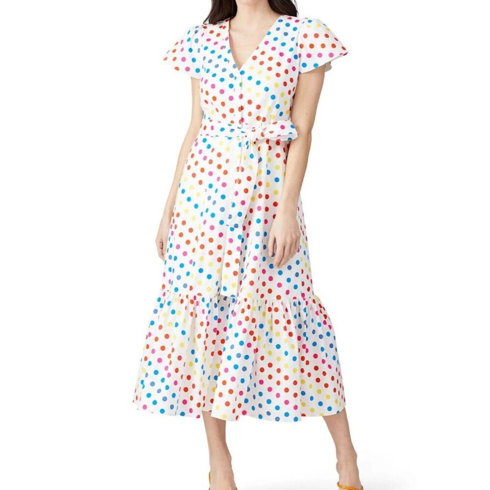 Color Me Courtney Dipping Dot Midi Dress Size 8 Rainbow Polka Dot Ruffle Hem